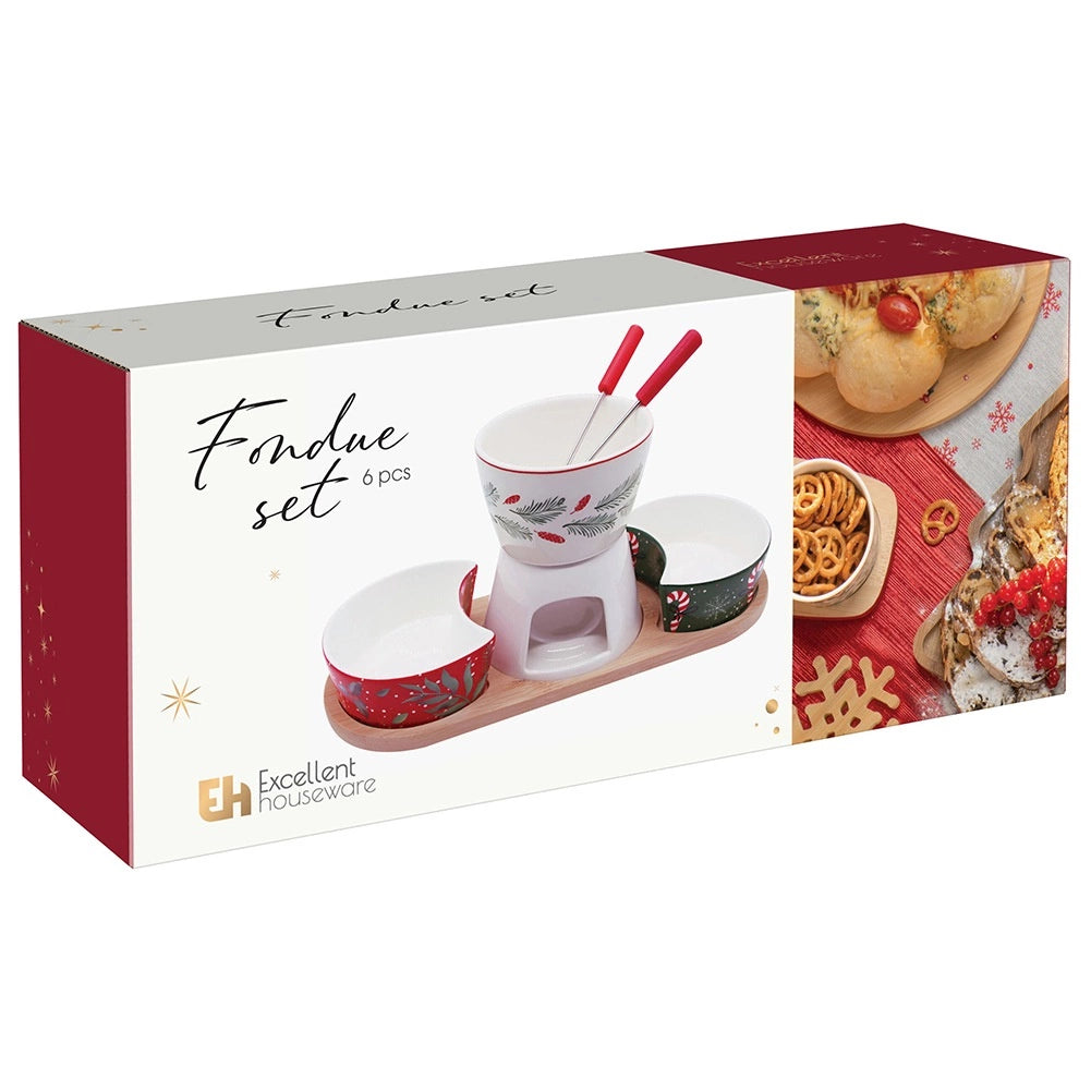 Porcelain Fondue Set with Bamboo Stand, 6 Pieces