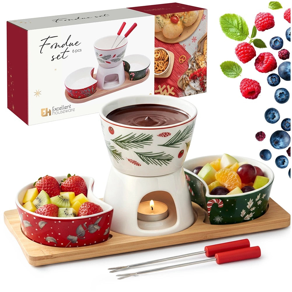 Porcelain Fondue Set with Bamboo Stand, 6 Pieces