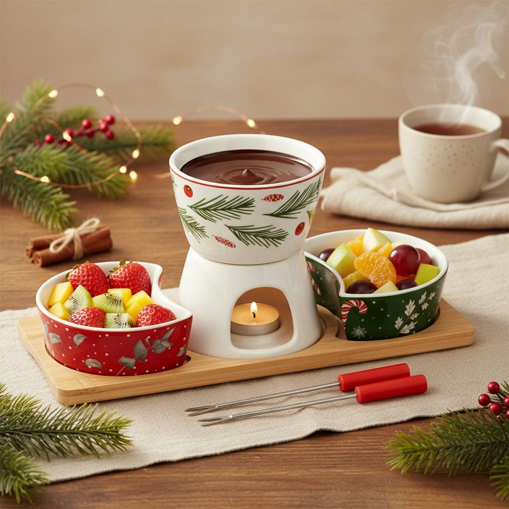 Porcelain Fondue Set with Bamboo Stand, 6 Pieces