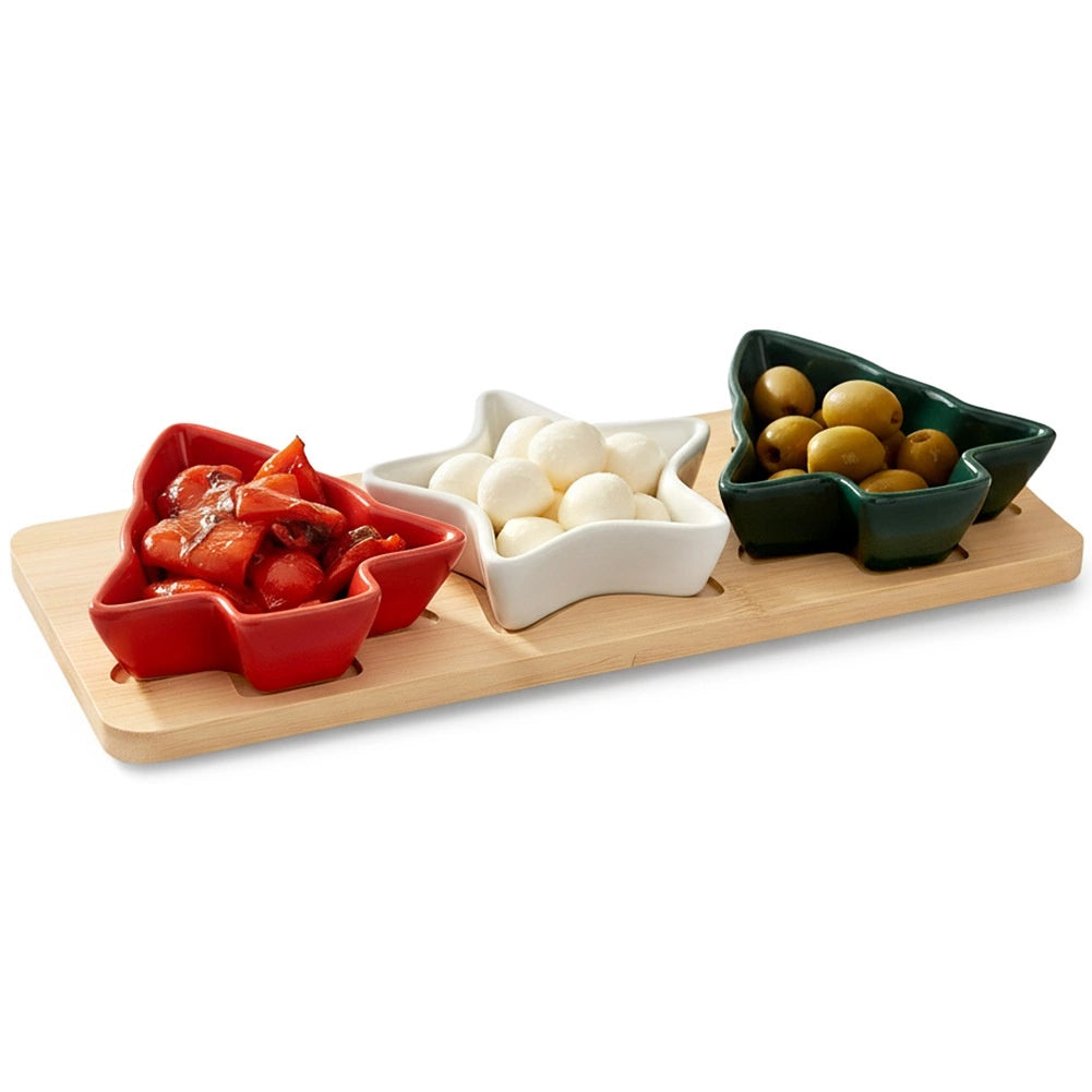 Porcelain Snack Bowl Set with Bamboo Tray, 4-Piece