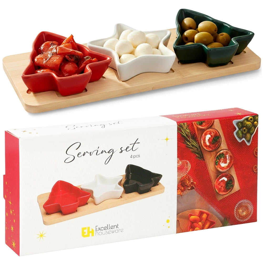 Porcelain Snack Bowl Set with Bamboo Tray, 4-Piece
