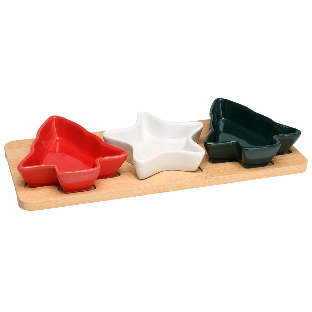 Porcelain Snack Bowl Set with Bamboo Tray, 4-Piece
