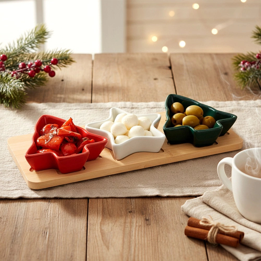 Porcelain Snack Bowl Set with Bamboo Tray, 4-Piece