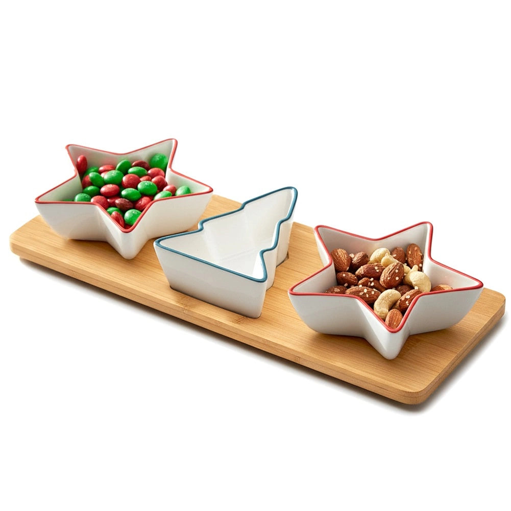 Porcelain Snack Bowl Set with Bamboo Tray, 4 Pieces
