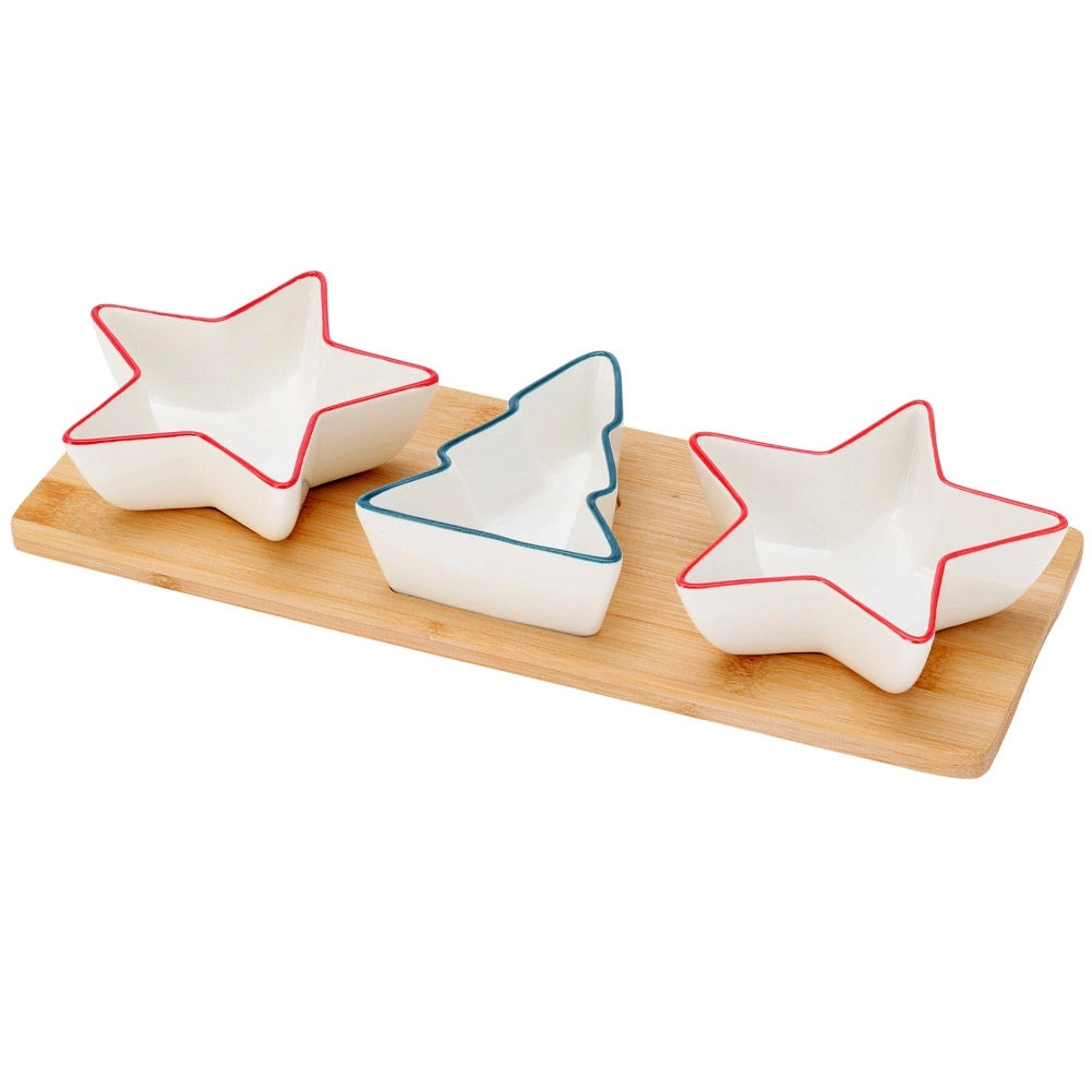 Porcelain Snack Bowl Set with Bamboo Tray, 4 Pieces