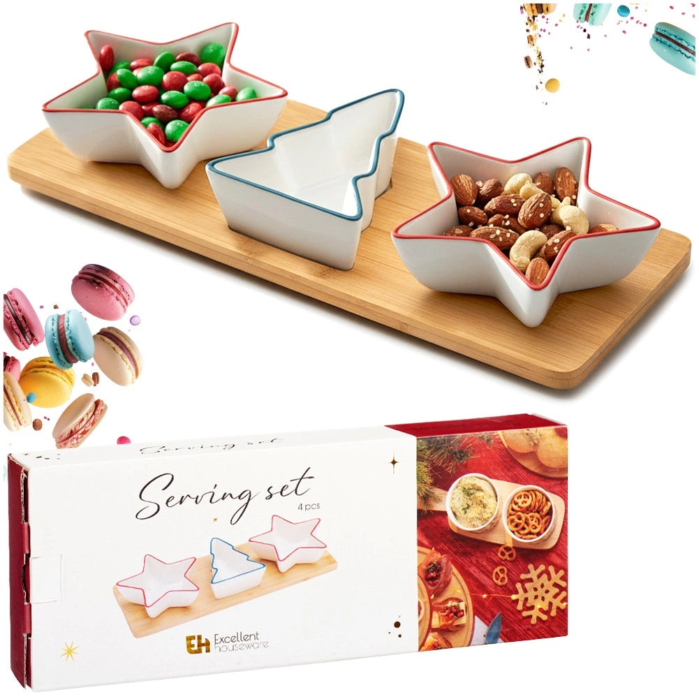 Porcelain Snack Bowl Set with Bamboo Tray, 4 Pieces