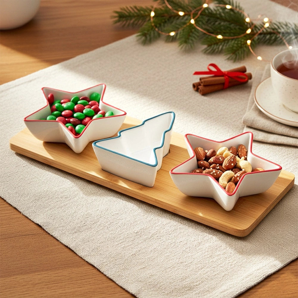 Porcelain Snack Bowl Set with Bamboo Tray, 4 Pieces