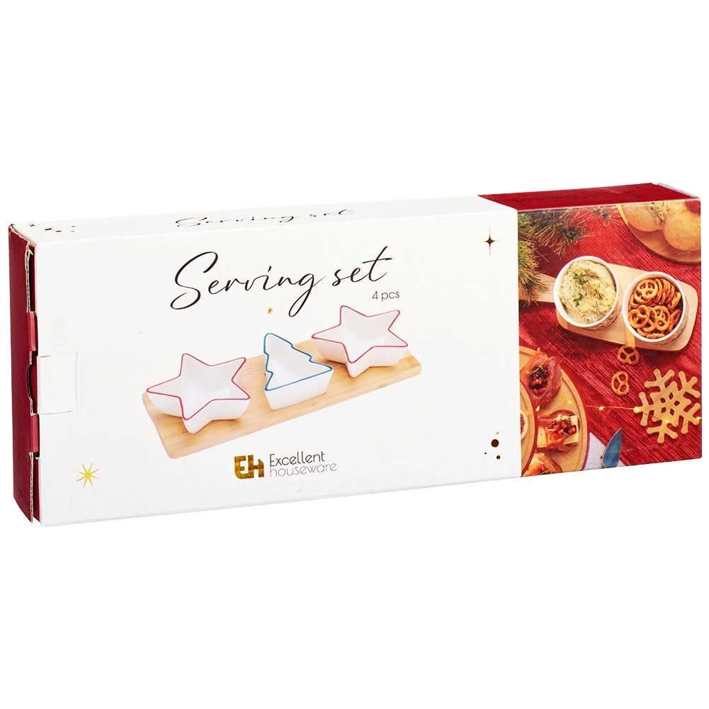 Porcelain Snack Bowl Set with Bamboo Tray, 4 Pieces