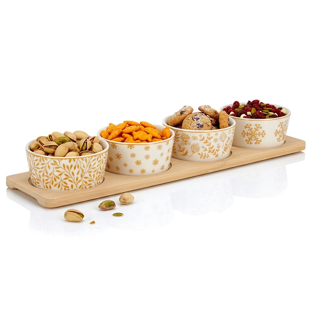 Porcelain Snack Bowl Set with Bamboo Tray, 5 Pieces