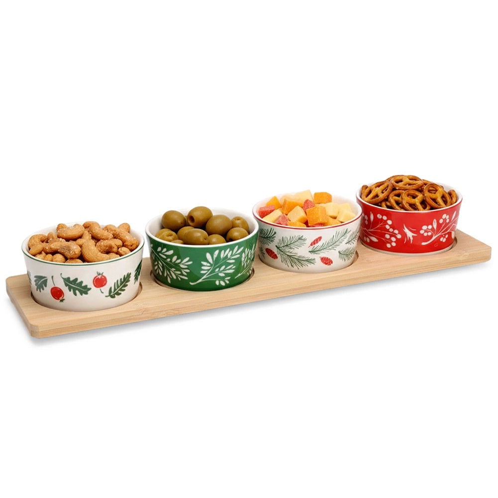 Porcelain Snack Bowl Set with Bamboo Tray – 5 Pieces