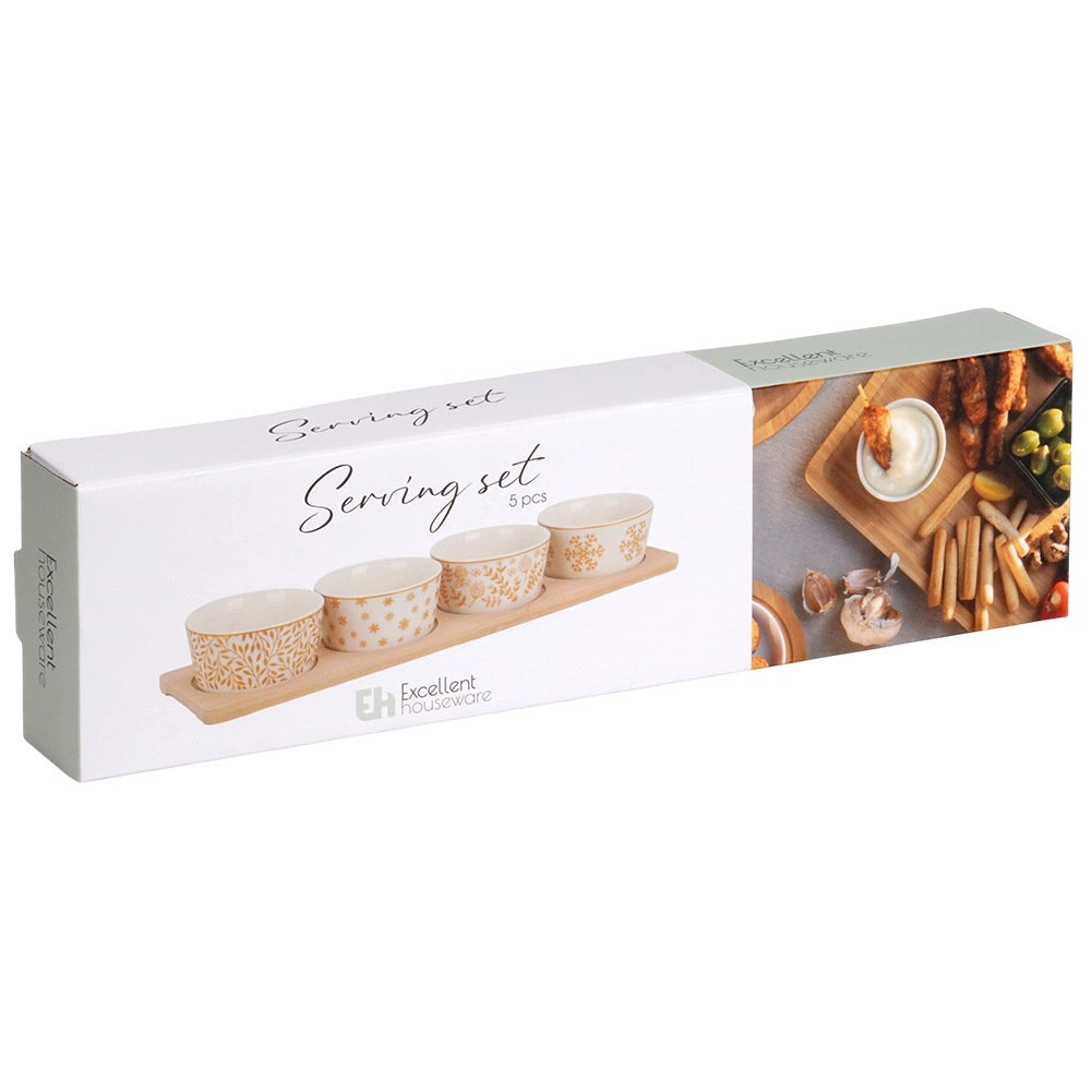 Porcelain Snack Bowl Set with Bamboo Tray, 5 Pieces