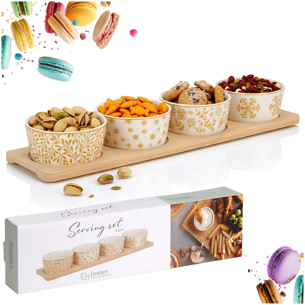 Porcelain Snack Bowl Set with Bamboo Tray, 5 Pieces
