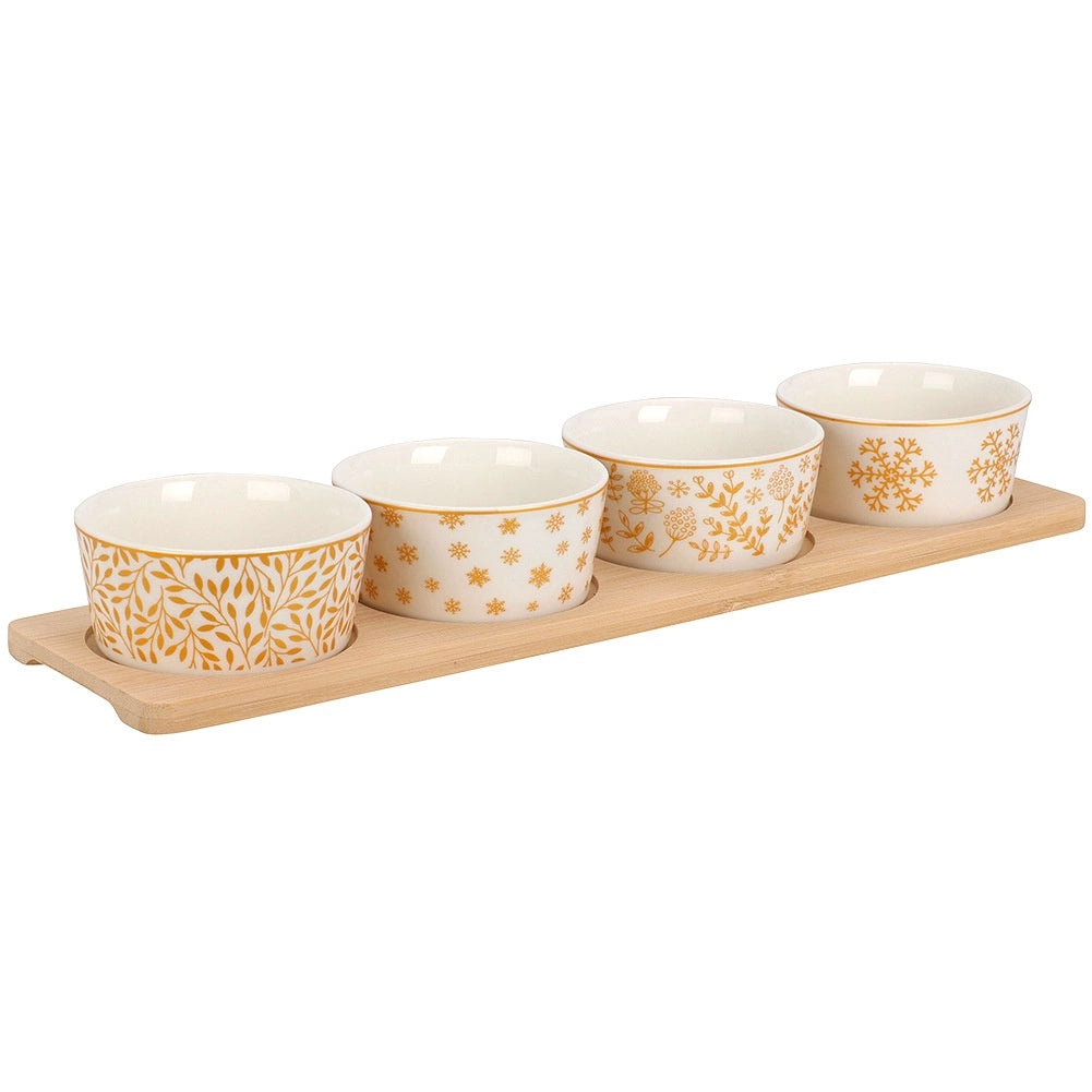 Porcelain Snack Bowl Set with Bamboo Tray, 5 Pieces