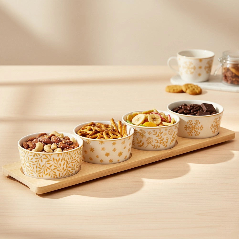 Porcelain Snack Bowl Set with Bamboo Tray, 5 Pieces