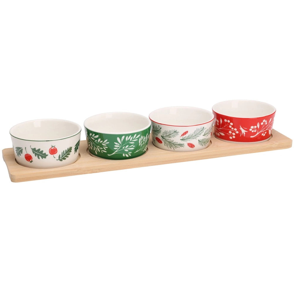 Porcelain Snack Bowl Set with Bamboo Tray – 5 Pieces