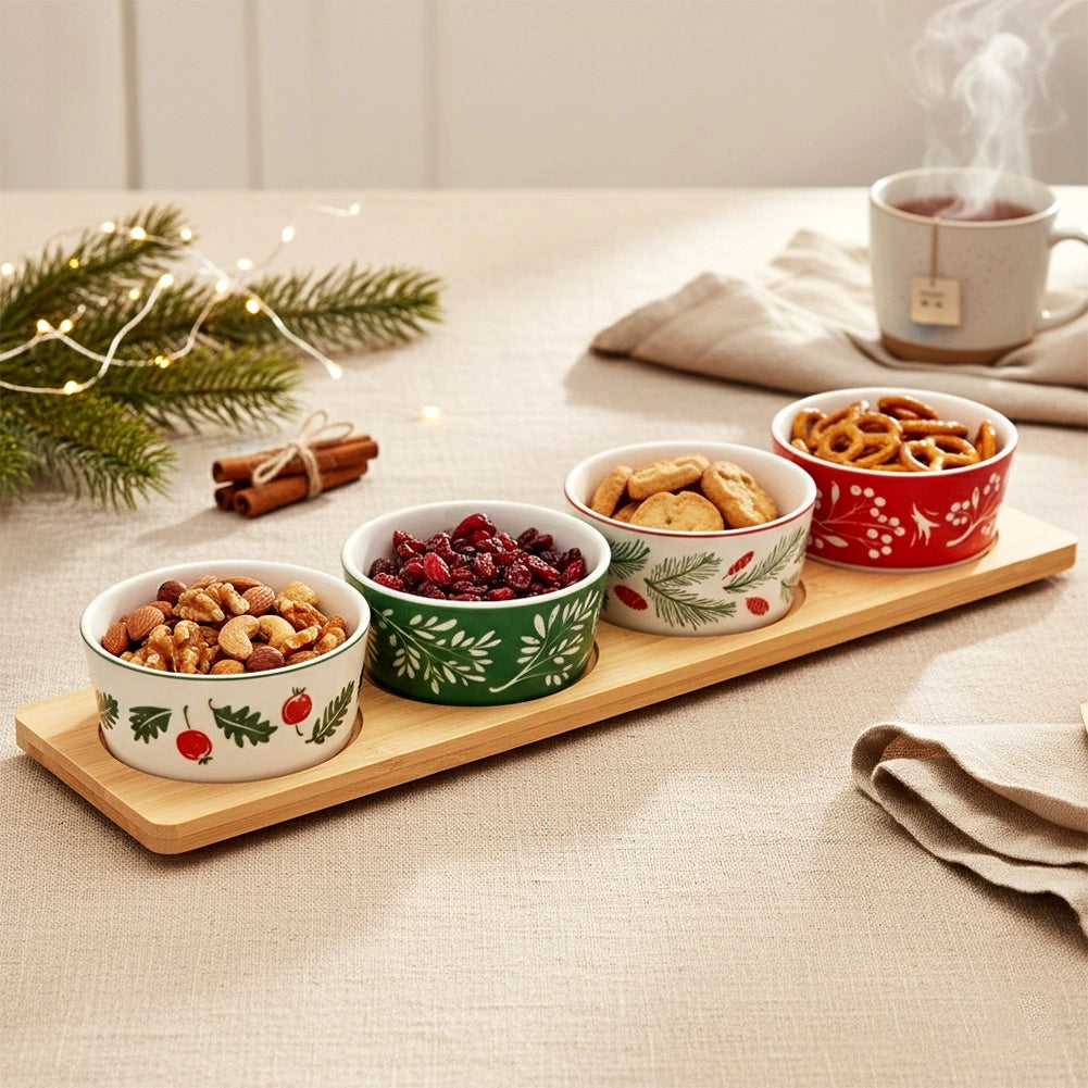Porcelain Snack Bowl Set with Bamboo Tray – 5 Pieces