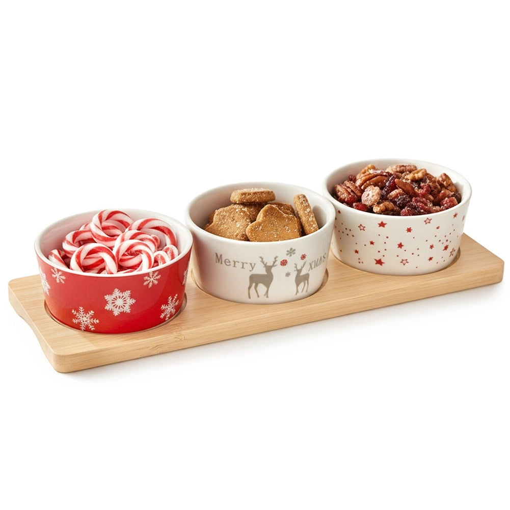 Porcelain Snack Bowls Set with Bamboo Tray, 4-Piece