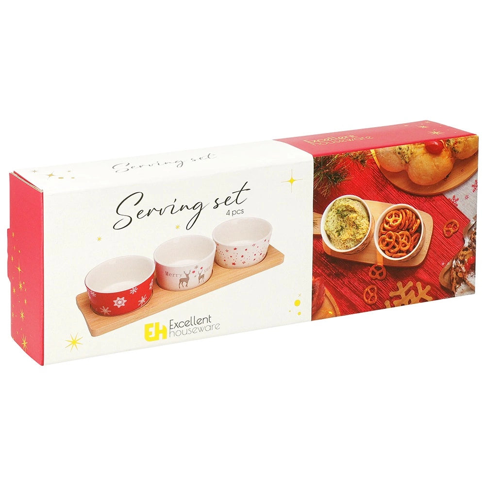 Porcelain Snack Bowls Set with Bamboo Tray, 4-Piece