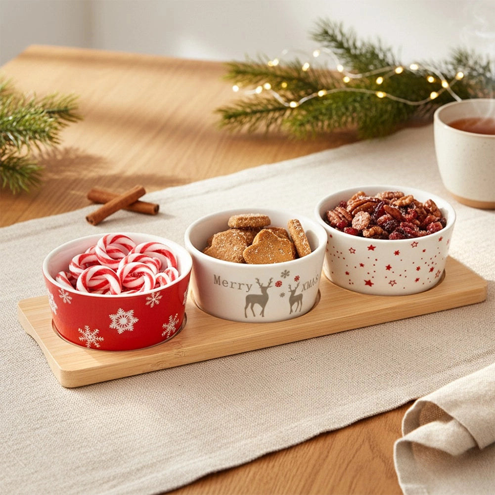 Porcelain Snack Bowls Set with Bamboo Tray, 4-Piece