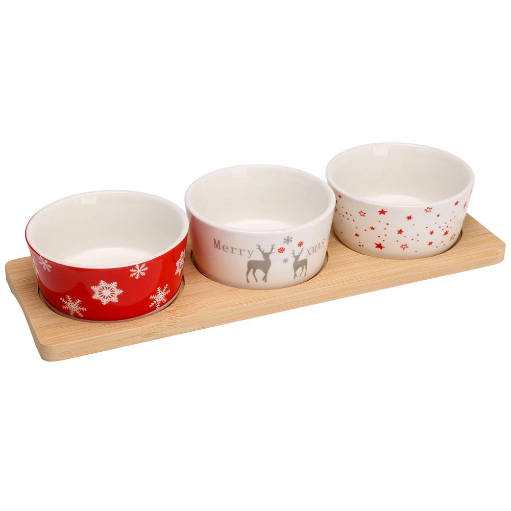 Porcelain Snack Bowls Set with Bamboo Tray, 4-Piece