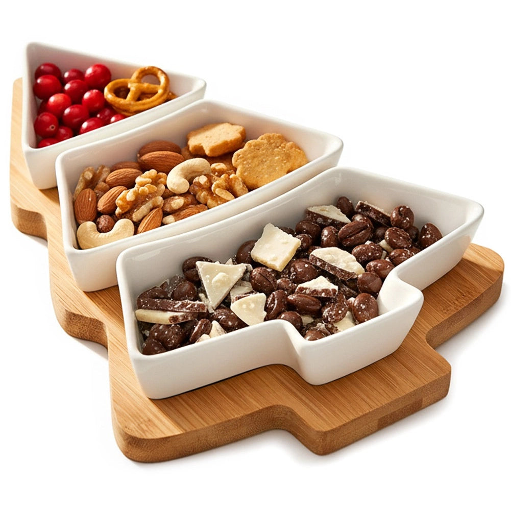 Porcelain Snack Bowls Set with Bamboo Tray, 4 Pieces