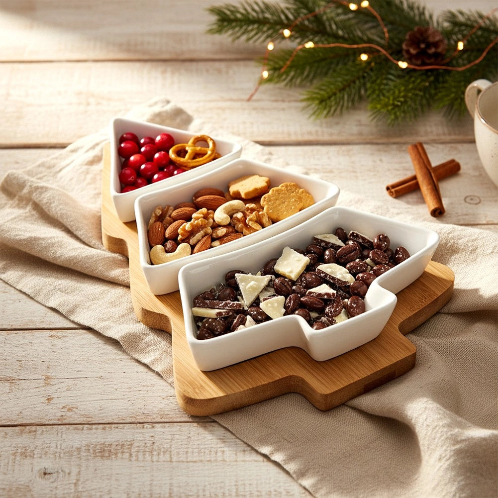 Porcelain Snack Bowls Set with Bamboo Tray, 4 Pieces