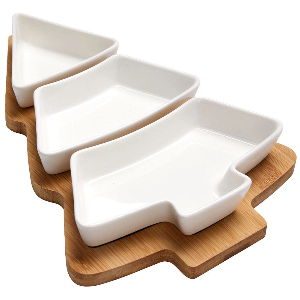 Porcelain Snack Bowls Set with Bamboo Tray, 4 Pieces