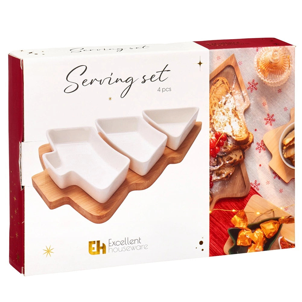 Porcelain Snack Bowls Set with Bamboo Tray, 4 Pieces
