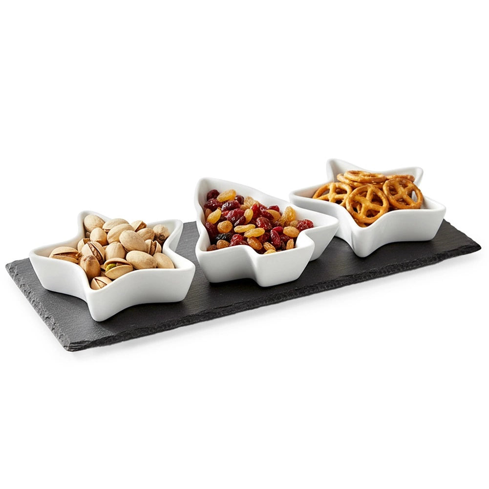 Porcelain Snack Bowls Set with Slate Tray, 4 Pieces