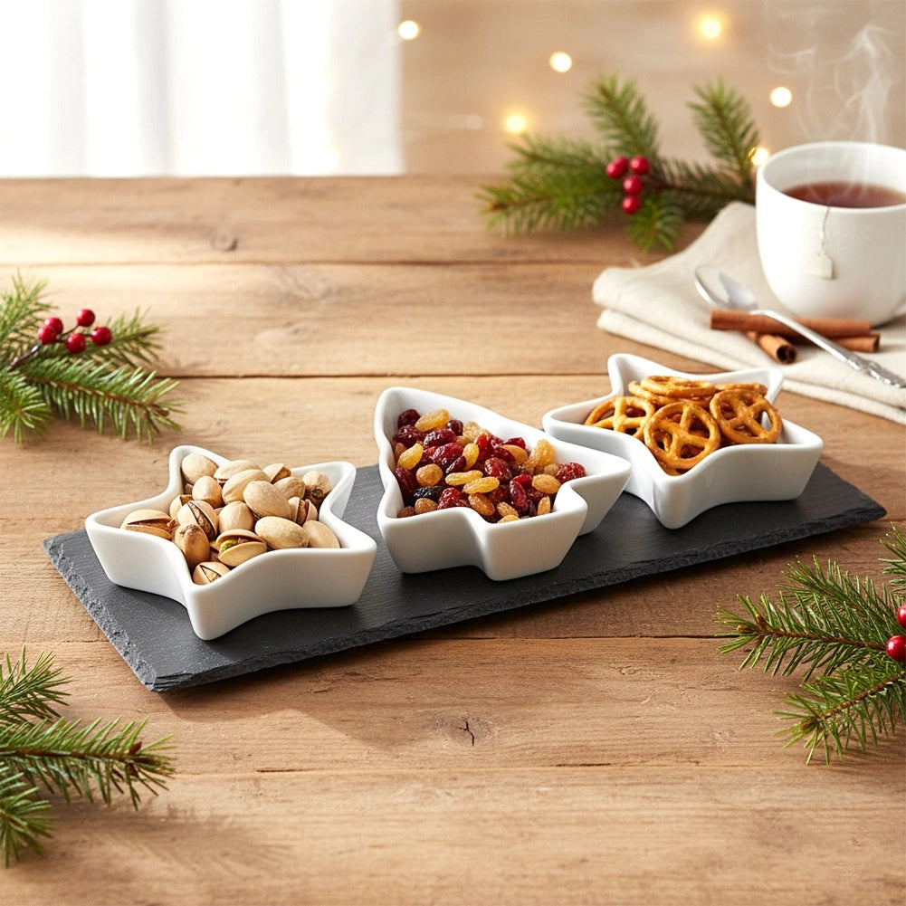 Porcelain Snack Bowls Set with Slate Tray, 4 Pieces