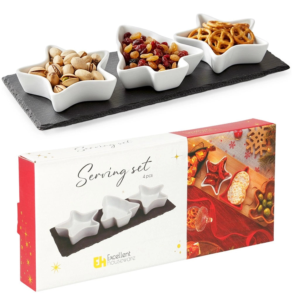 Porcelain Snack Bowls Set with Slate Tray, 4 Pieces