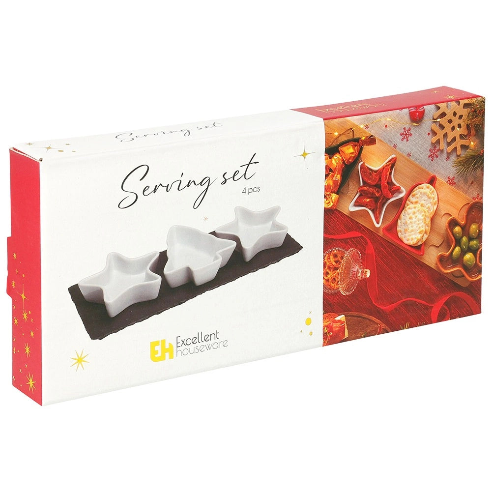 Porcelain Snack Bowls Set with Slate Tray, 4 Pieces