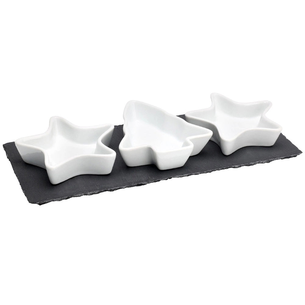 Porcelain Snack Bowls Set with Slate Tray, 4 Pieces