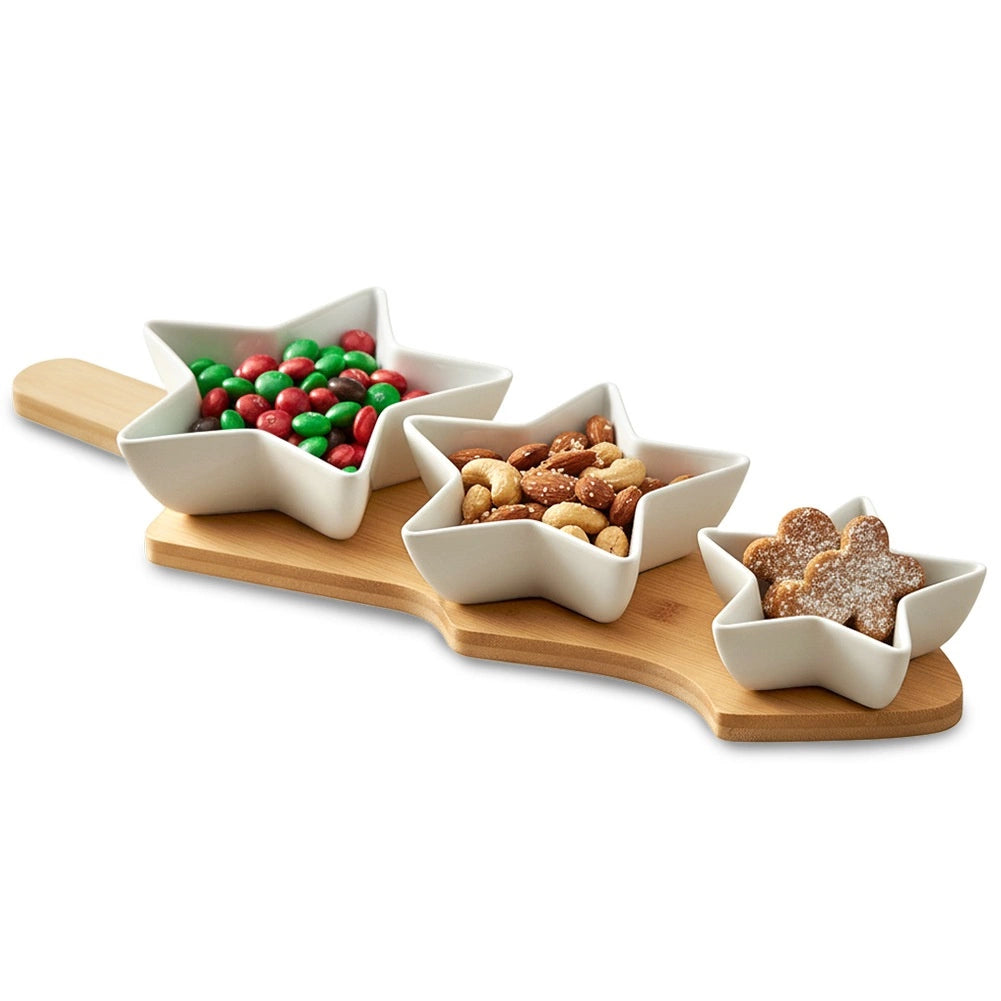 Porcelain Snack Bowls with Bamboo Tray – 4 Piece Set