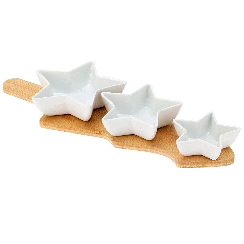 Porcelain Snack Bowls with Bamboo Tray – 4 Piece Set