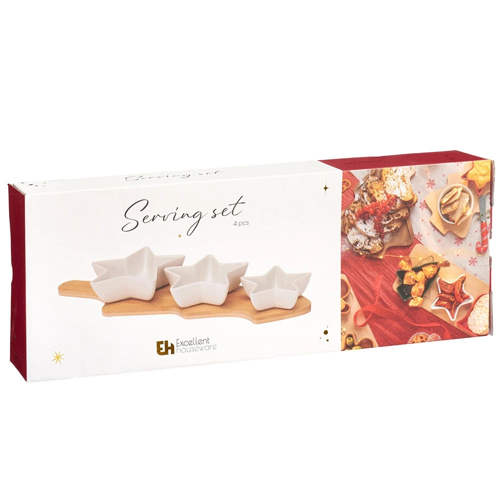 Porcelain Snack Bowls with Bamboo Tray – 4 Piece Set