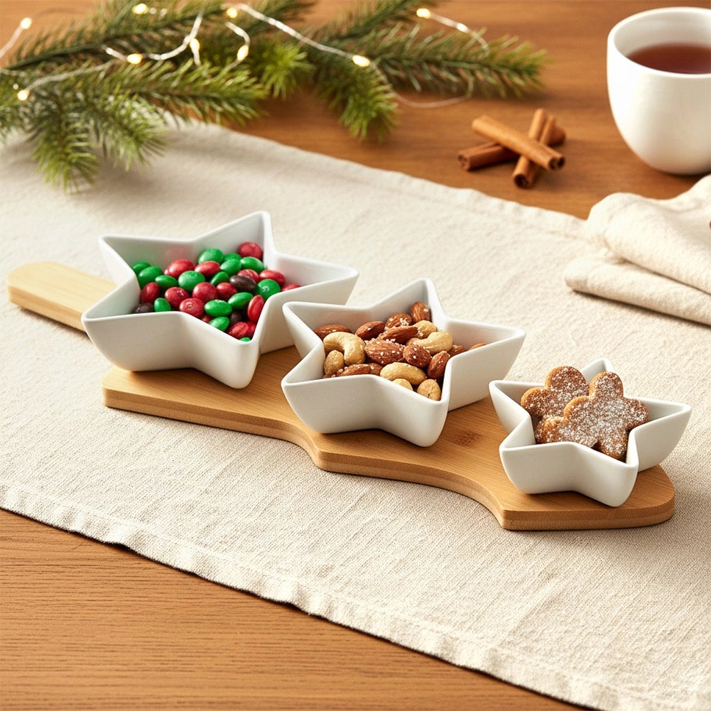 Porcelain Snack Bowls with Bamboo Tray – 4 Piece Set