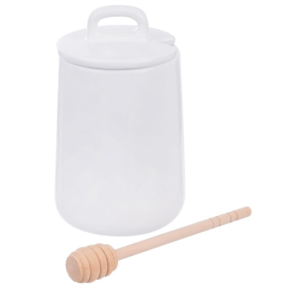 Porcelain honey jar with lid and wooden scoop, dishwasher safe