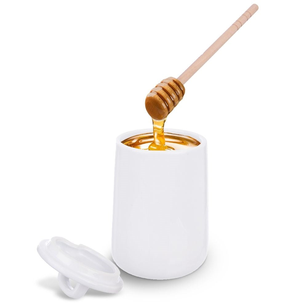 Porcelain honey jar with lid and wooden scoop, dishwasher safe