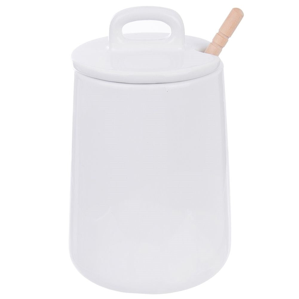 Porcelain honey jar with lid and wooden scoop, dishwasher safe
