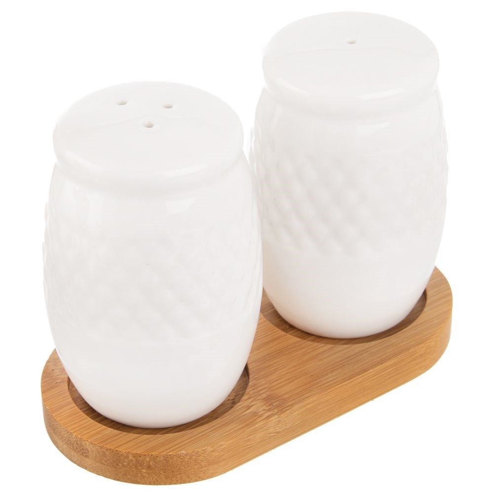 Porcelain salt and pepper set with bamboo base