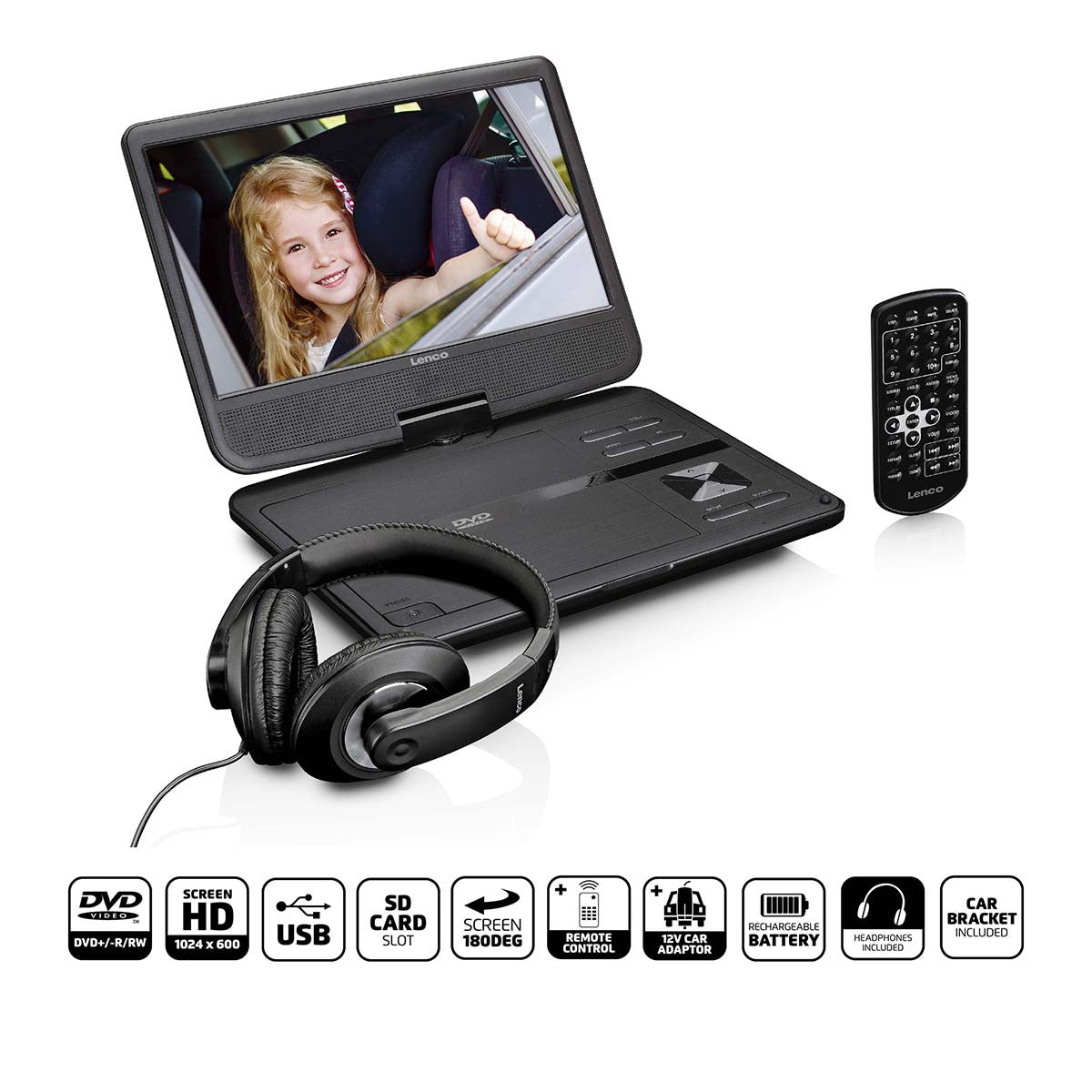 Portable 10" DVD Player with USB & Headphone Bracket