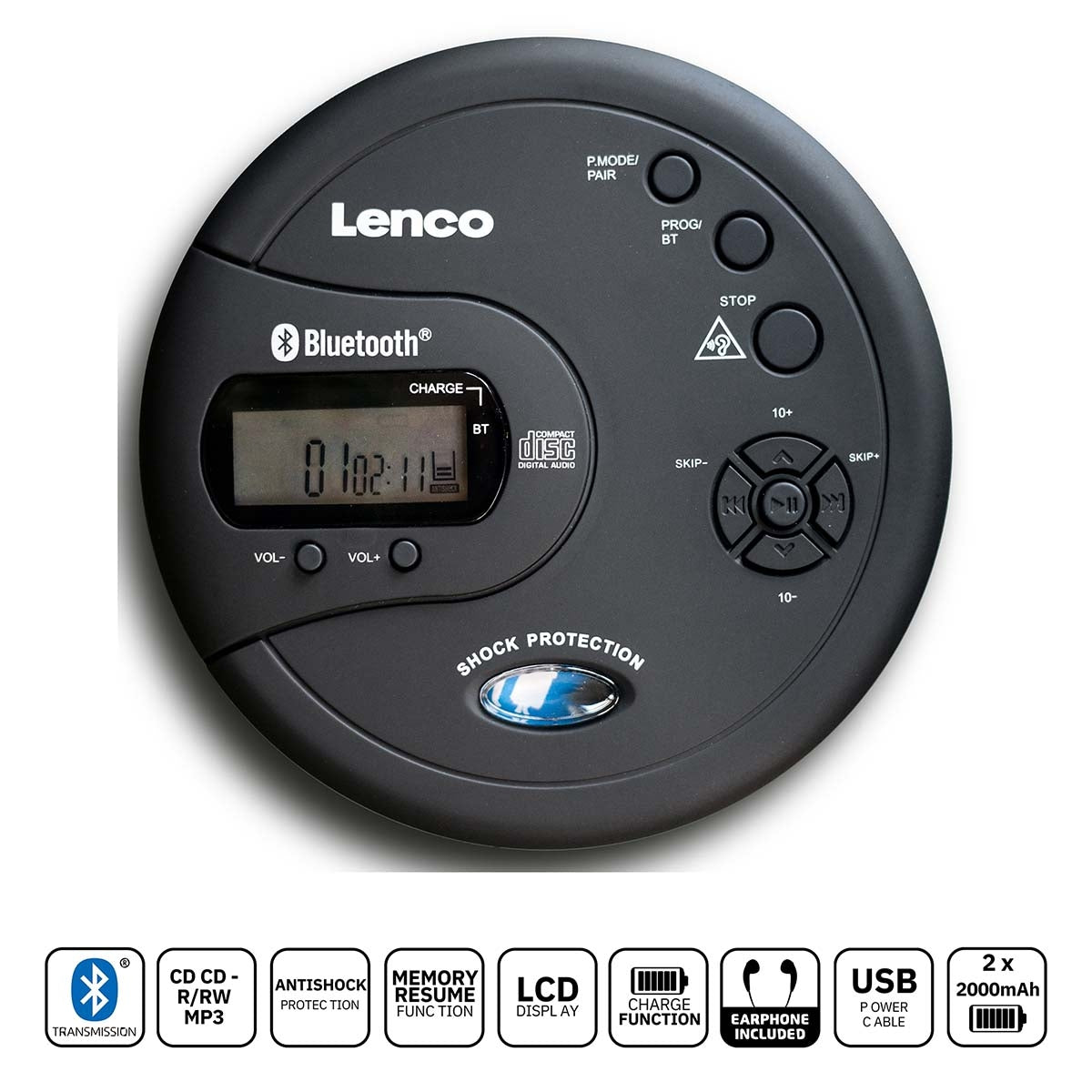 Portable Bluetooth® CD-MP3 player with antishock Black