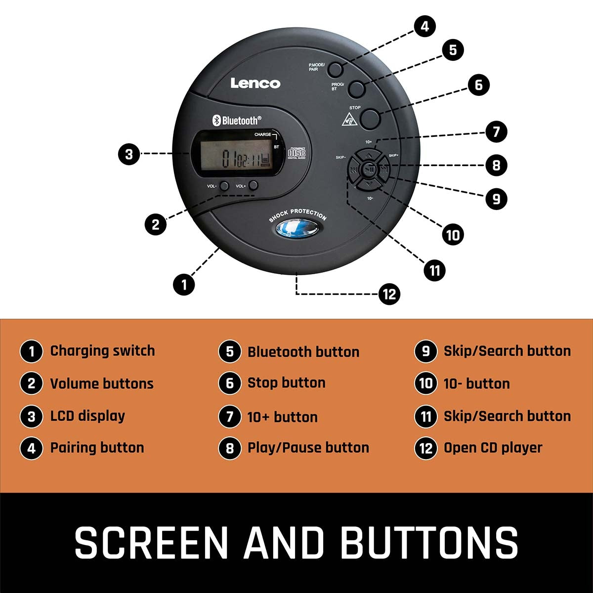 Portable Bluetooth® CD-MP3 player with antishock Black
