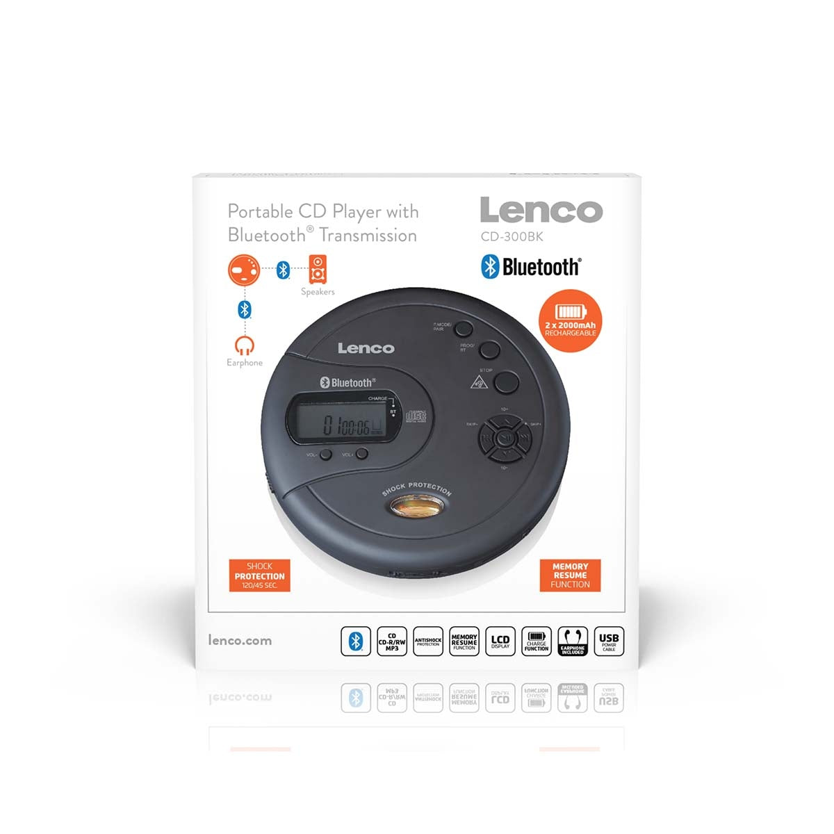 Portable Bluetooth® CD-MP3 player with antishock Black