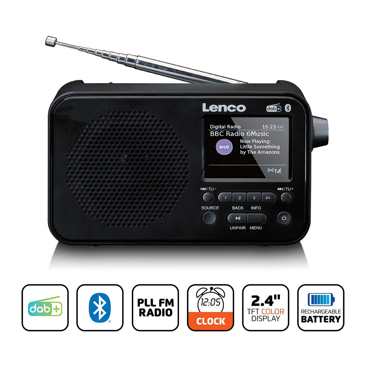 Portable DAB+ FM Radio with Bluetooth, 2.4" Display, Black
