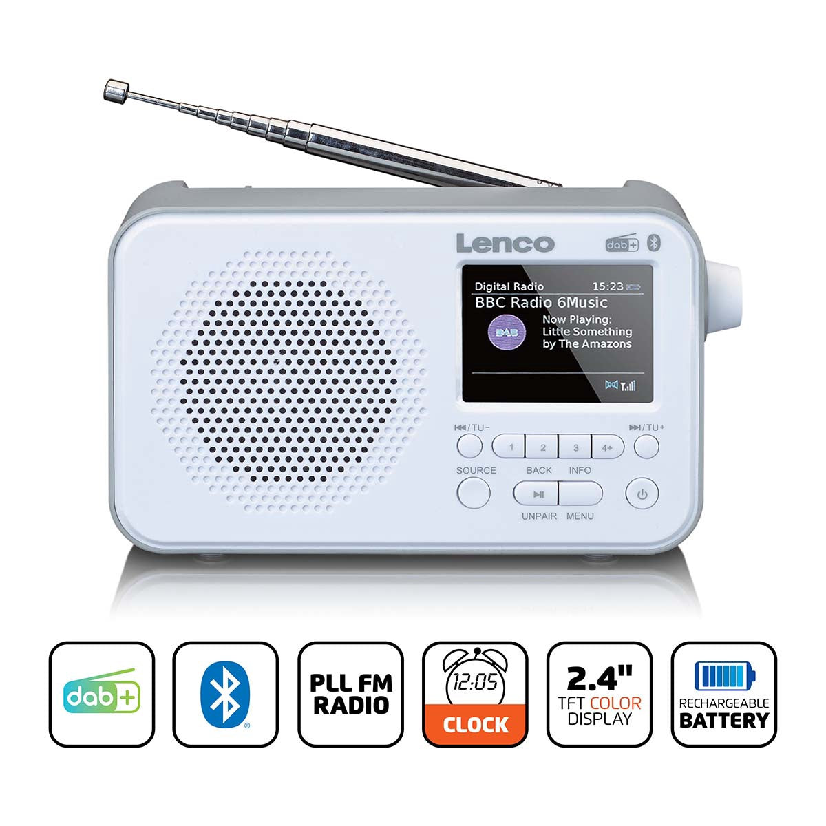 Portable DAB+ FM Radio with Bluetooth, 2.4" Display, White