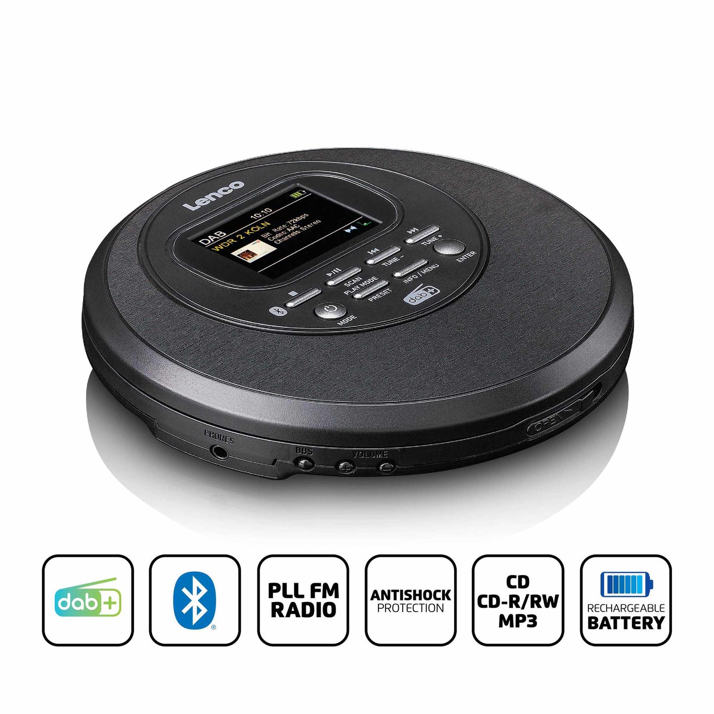 Portable Discman with DAB+, Bluetooth, TFT Screen, Black
