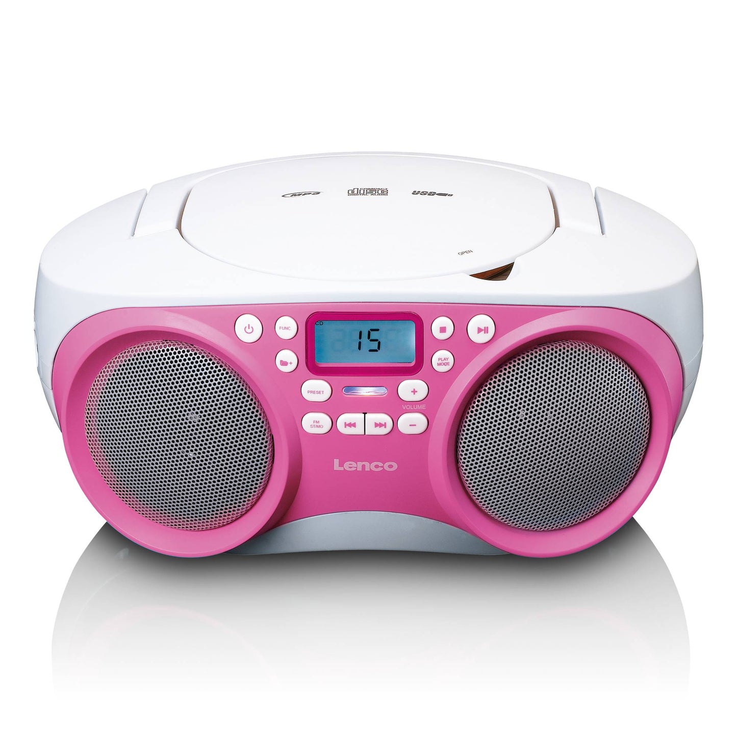 Portable FM Radio/CD/MP3/USB Player – Pink, Compact, Lightweight