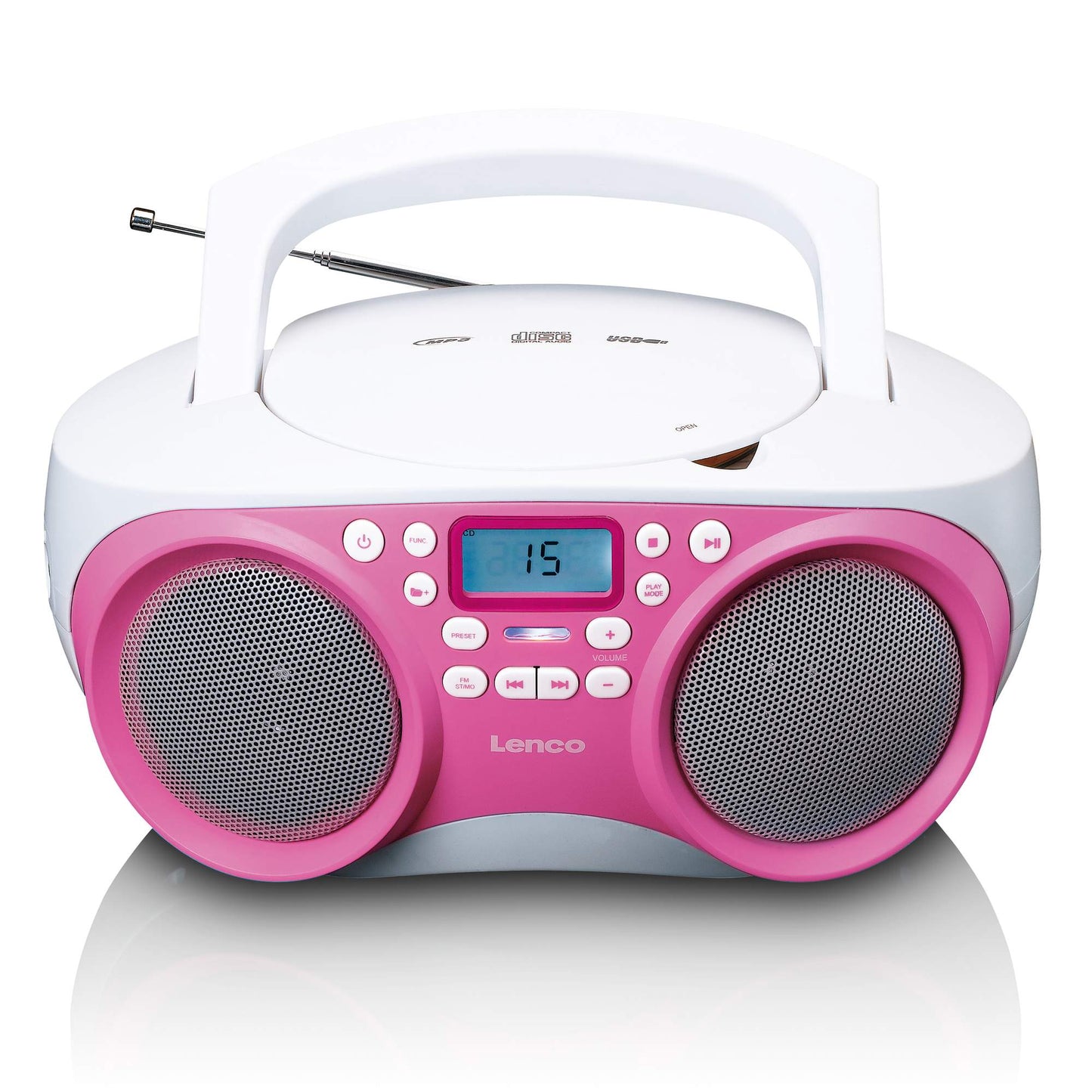 Portable FM Radio/CD/MP3/USB Player – Pink, Compact, Lightweight